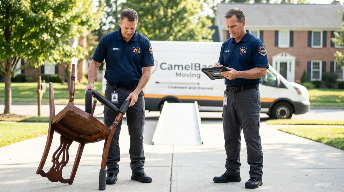 Movers inspecting furniture for damage prevention before loading in Whitmire, SC